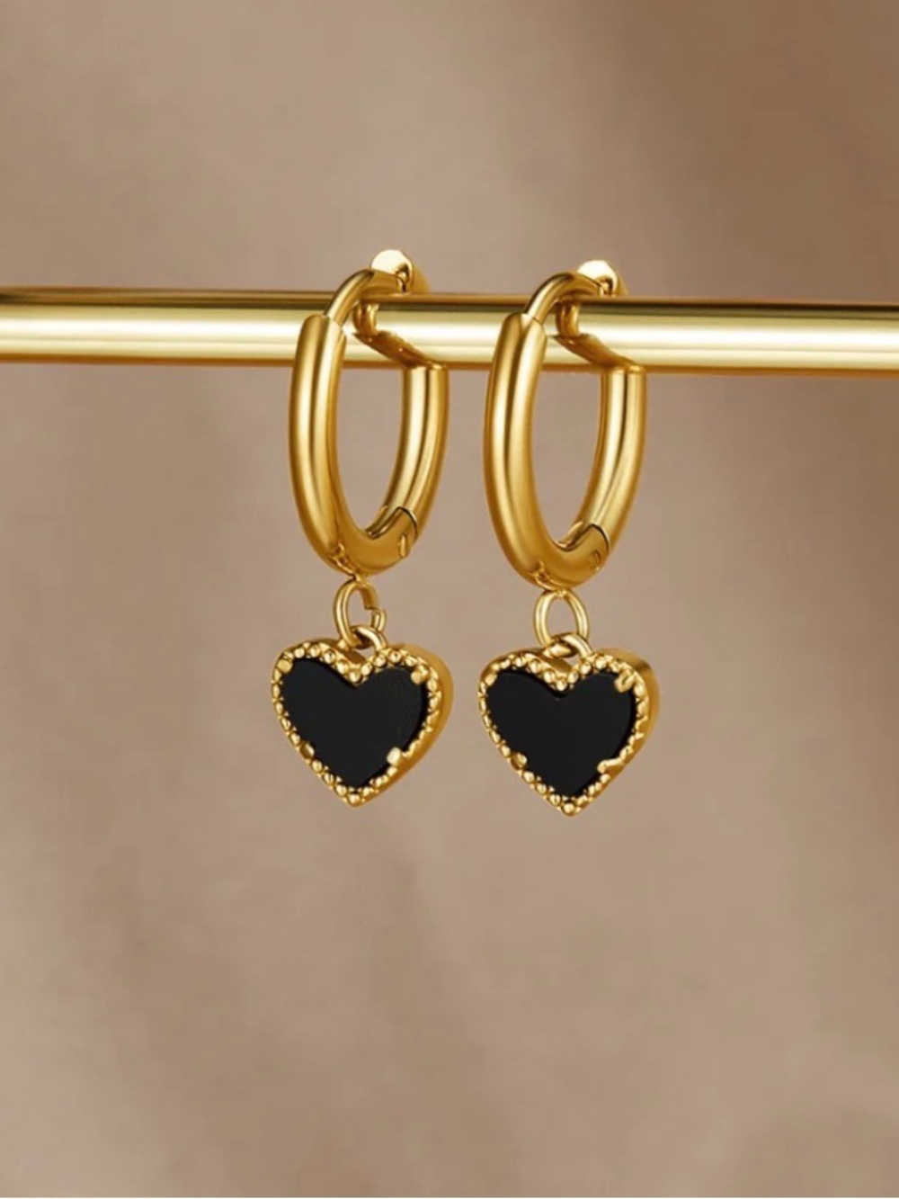 Gold Hoop Earrings with Black Heart Charm